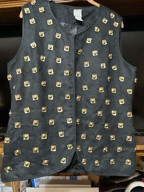 Vintage London de la Sabline XL Black Faux Suede Gold Studded Vest Hook and Eye